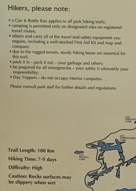 A section of a larger trail map, noting that Trail Length: 100 km (it is actually 73-78 km, not 100), Hiking Time: 7-9 days (though people do it in fewer days, as we did), Difficulty: High (true) and Caution: Rock surfaces may be slippery when wet (also true).