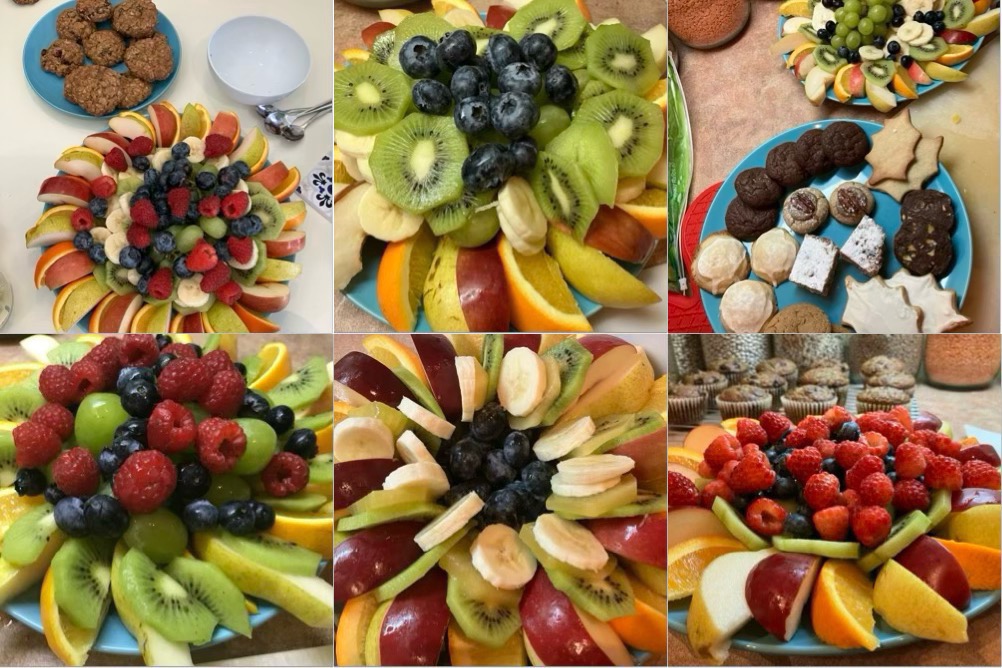 a collage of fruit and cookie plates