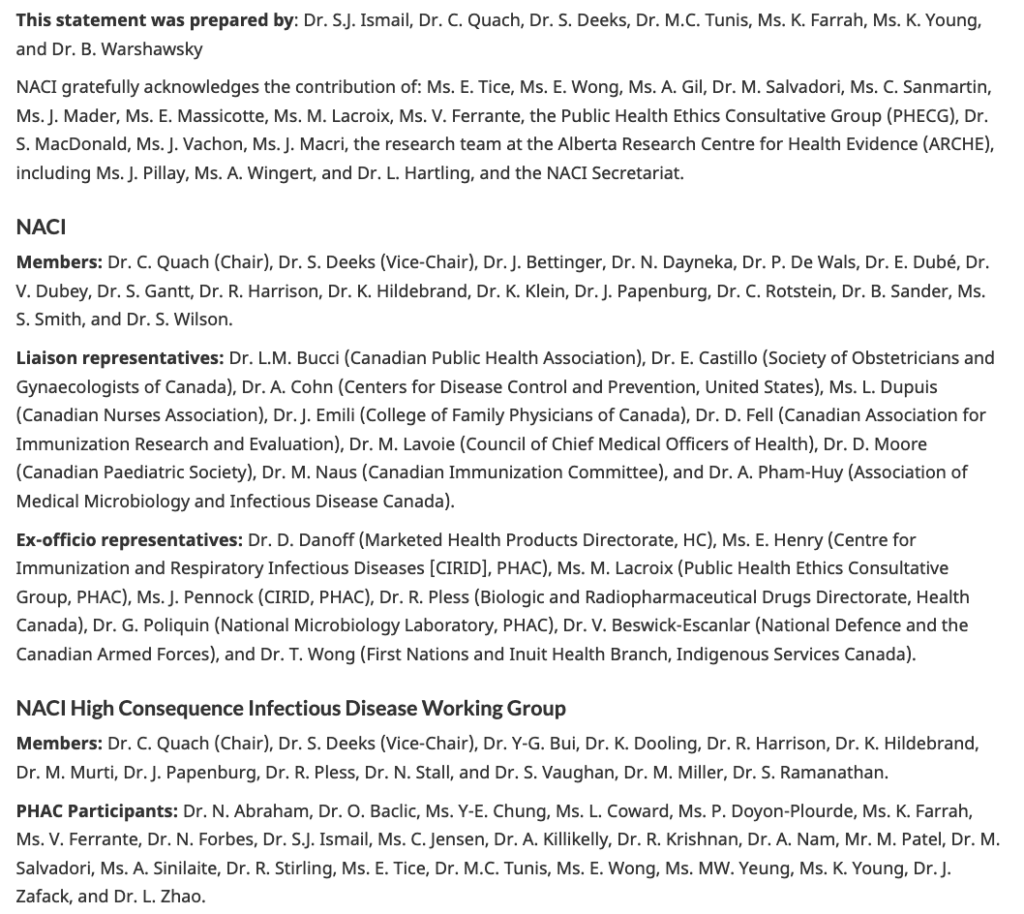 Screenshot of this page: https://www.canada.ca/en/public-health/services/immunization/national-advisory-committee-on-immunization-naci/guidance-prioritization-key-populations-covid-19-vaccination.html Section beginning with, “This statement was prepared by: Dr. S.J. Ismail,” and ending with, “Ms. K. Young, Dr. J. Zafack, and Dr. L. Zhao.”